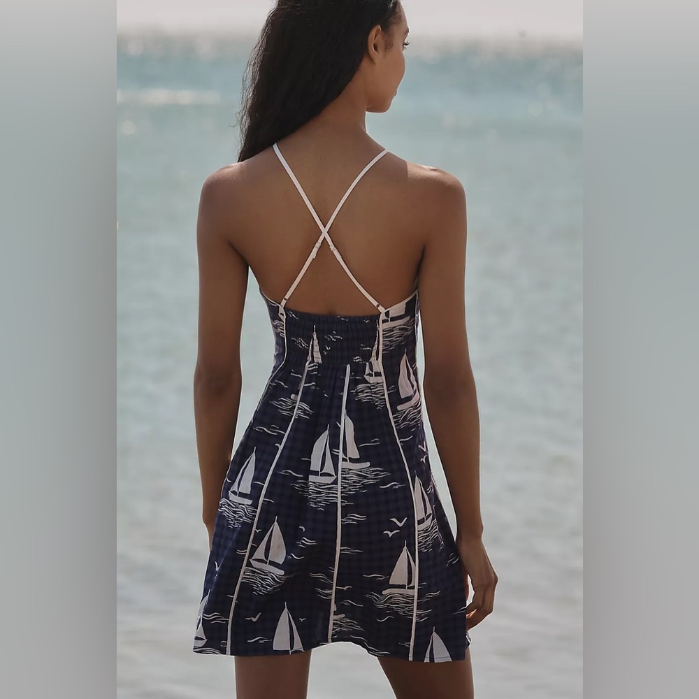 NWT Anthropologie Celadine Scallop Piped Mini Dress in Blue Motif, size XL - Picture 3 of 13